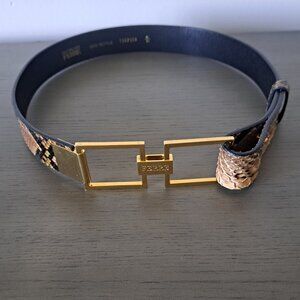 Gianfranco Ferre Italy Snakeskin Belt Unique Gold Metal Geometric Buckle VTG 90s